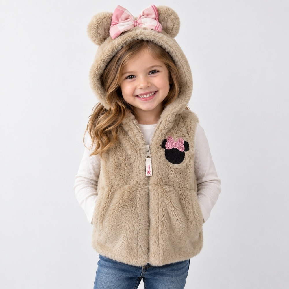 Disney Junior Minnie Mouse Faux Fur Hooded Vest Girls Size 5 Beige Bow Ears